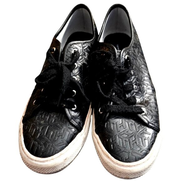 Tommy Hilfiger Womens Black Embossed Sneakers With Red & White Stripe Detailing - Picture 4 of 8